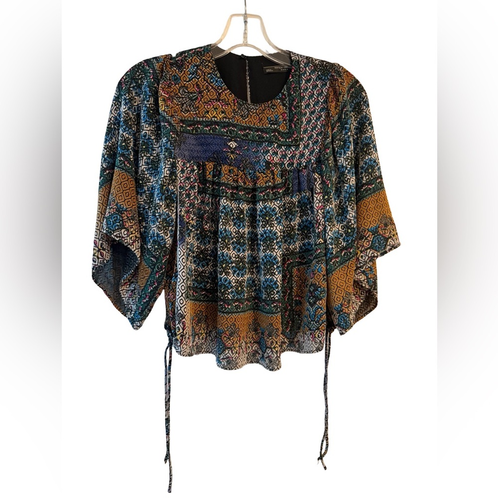 Zara Trafaluc Boho Kimono Sleeve Blouse XS Multicolor Patchwork Drawstring Top - Picture 2 of 6